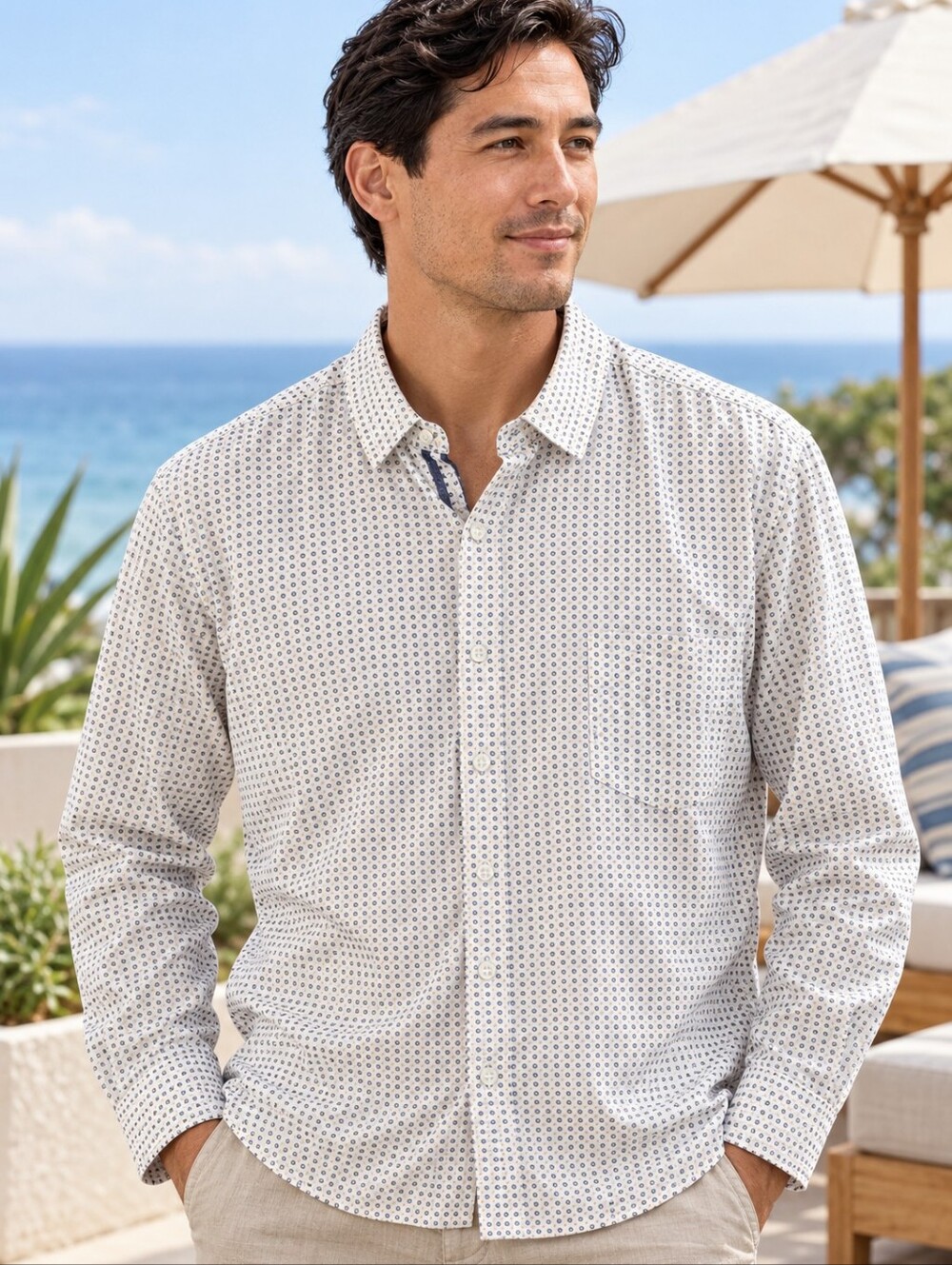 FILTER Button Down Shirt Men's XL White Blue Microdot Print 100% Cotton Casual